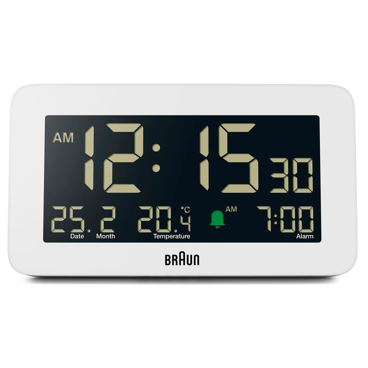 Braun Digital Alarm Clock with Date, Month and Temperature Displayed, Negative LCD Display, Quick Set, Crescendo Beep Alarm in Black, Model BC10B (1-Pack)