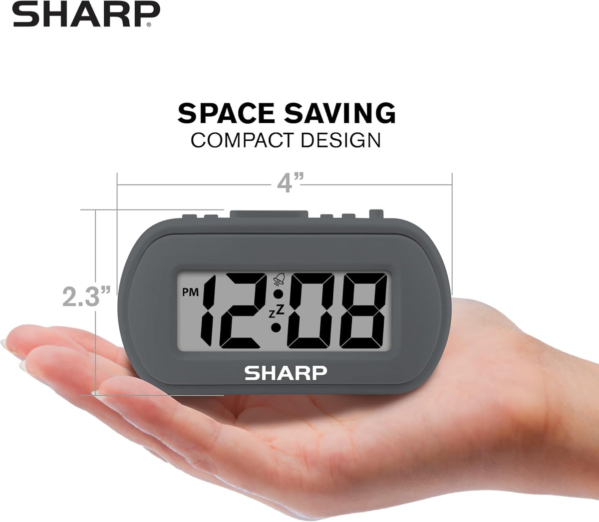 Sharp Battery Alarm Clock, Soft-Touch Case and Backlight, Charcoal Black