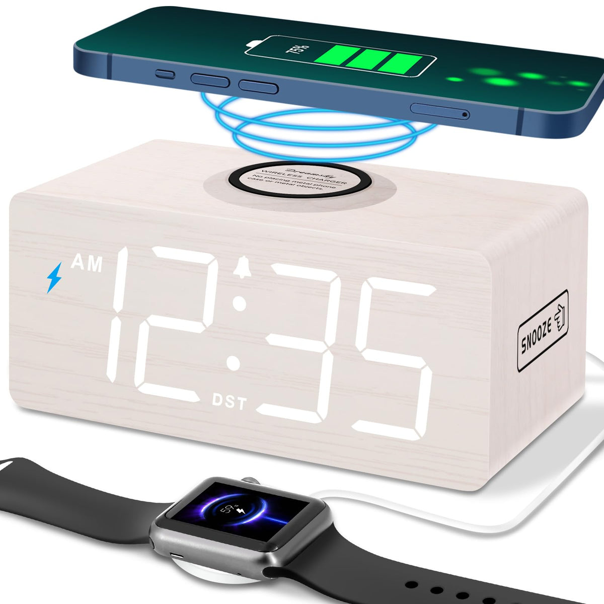 DreamSky Wooden Digital Alarm Clock with Wireless Charging for Bedroom