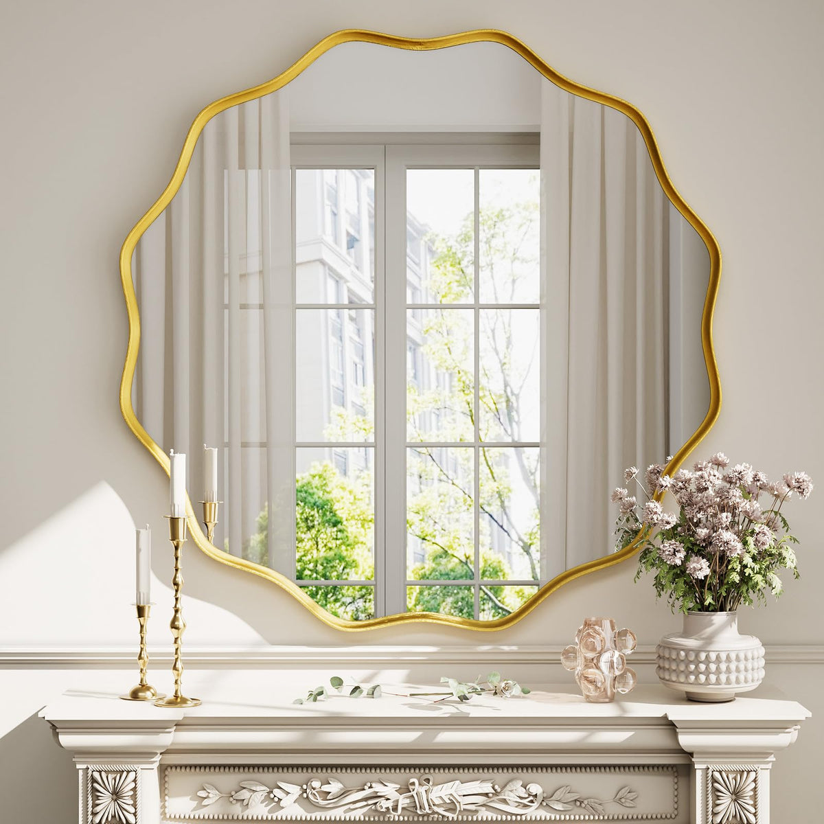 Gold Scalloped Circle Mirror 36" Wavy Edge Round Wall Mirror