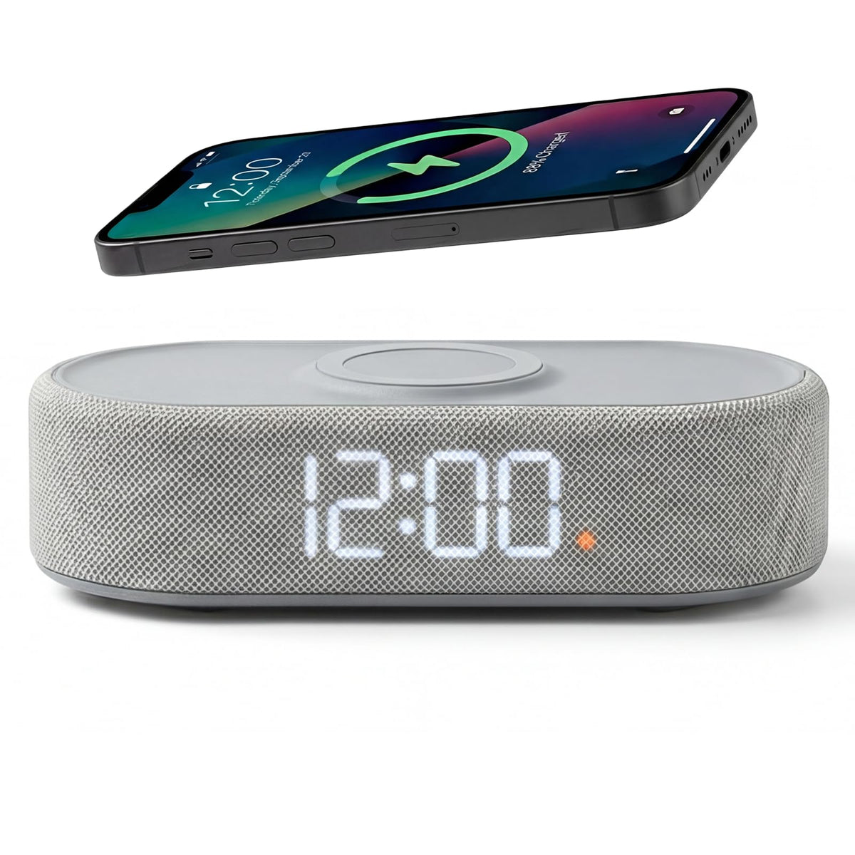 Fabric Digital Alarm Clock for Bedroom, Wireless Charging, Beige