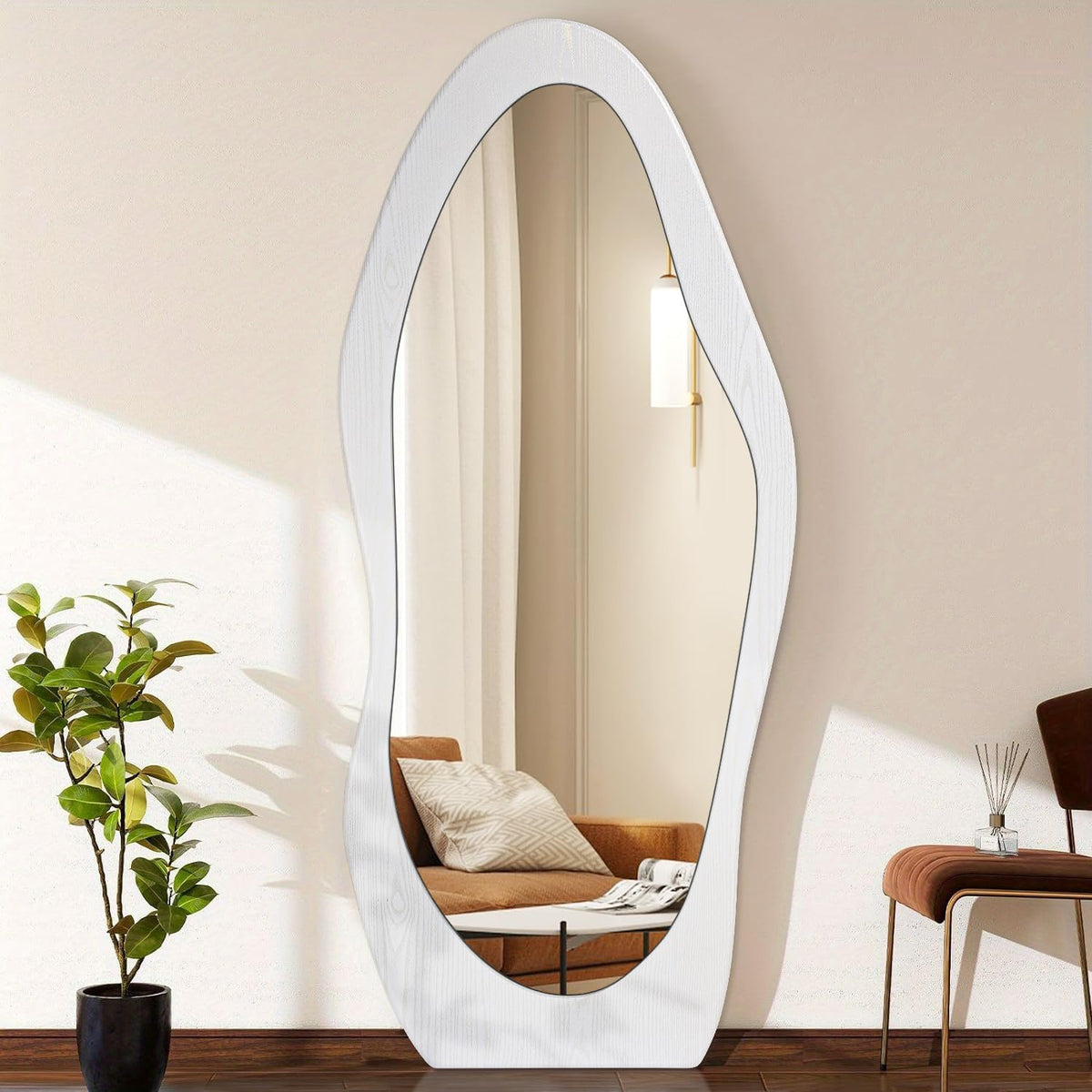 Full Length Mirror Wood Framed Full Body Mirror Wavy Retro Brown