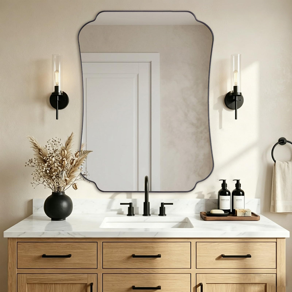 ANDY STAR 24"x40" Gold Mirror, Brushed Brass Scalloped Wall Mirror, Bathroom Wall Mirror with Stainless Steel Metal Framed Ideal for Bedroom, Hallway