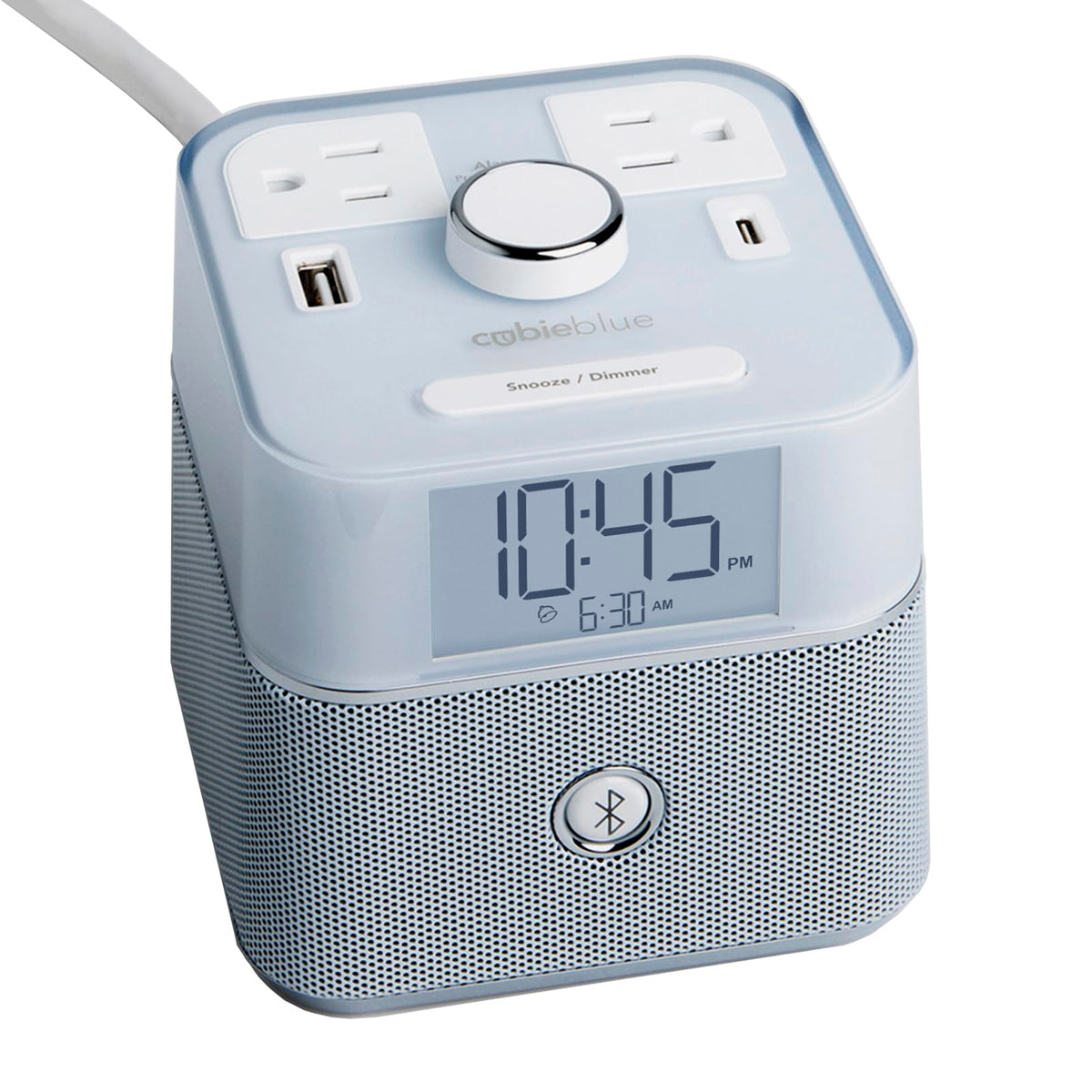 Brandstand | CubieBlue | User Friendly & Convenient Alarm Clock Charger | 2 USB Ports | 2 Tamper Resistant Sockets | Brandstand Bluetooth Speaker