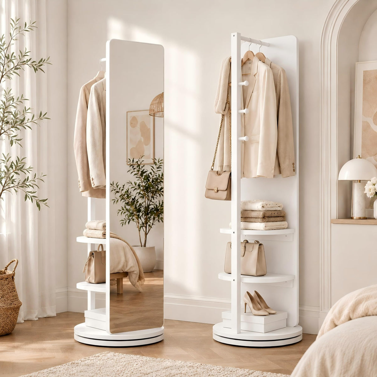 Full Length Mirror with Coat Rack & Storage, 360° Rotating Solid Wood Standing Floor Mirror with Shelves for Bedroom, Entryway, Dressing Room (Walnut Brown, 66" x 18")