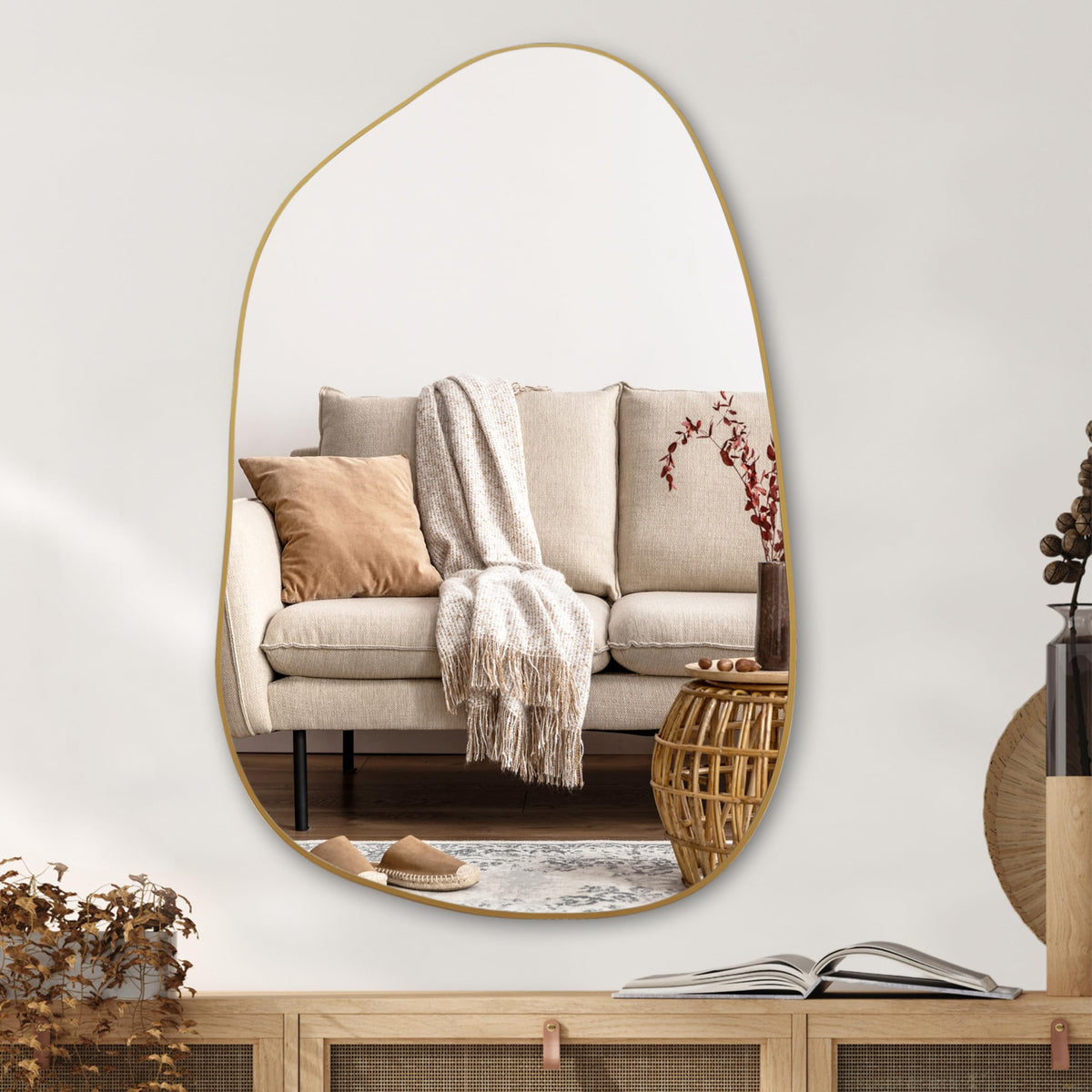 PERFNIQUE Irregular Asymmetrical Wall Mirror, 32"x24" Black Bathroom Mirror