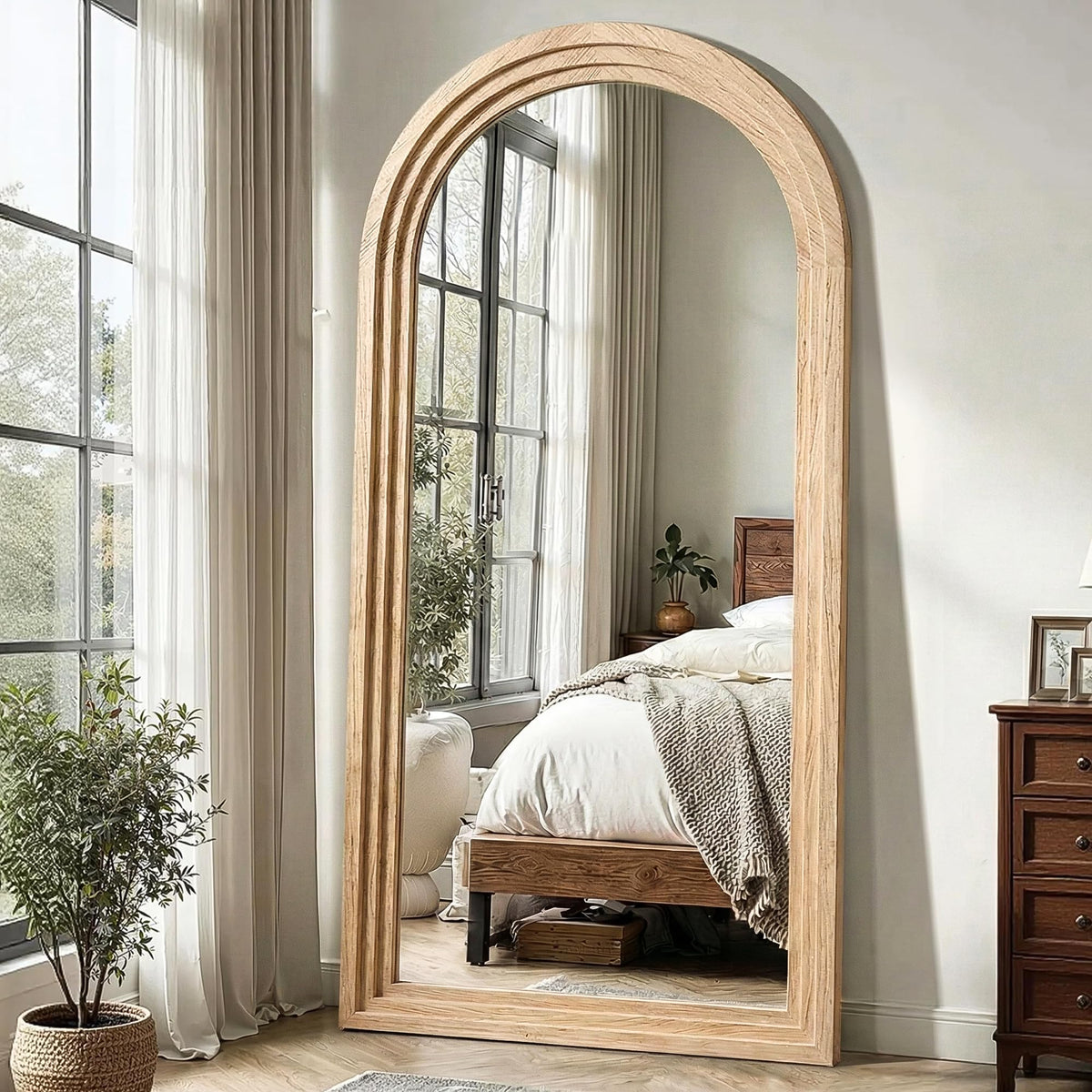 Delma Arched Full Length Mirror with Stand, 75x35 Brown Wood Floor Mirror