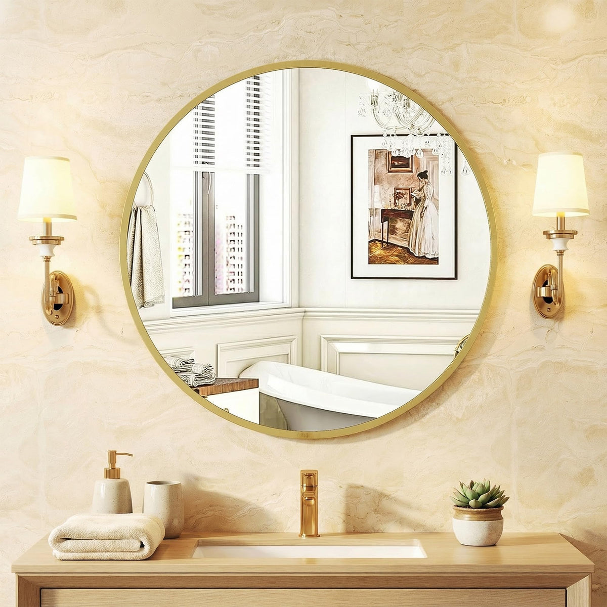 NEWBULIG 28-Inch Round Wall Mirror, Bathroom Wall Circle Mirror