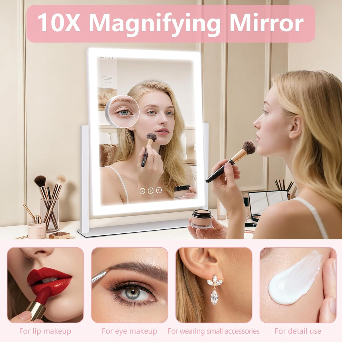 Lighted Vanity Mirror with Lights, Makeup Mirror with Light, 16.7"x 13.2",Three Color Lighting Modes and Dimmable Lighting, Smart Touch Control, 360°Rotation, for Vanity Desk Tabletop,Dressing Room