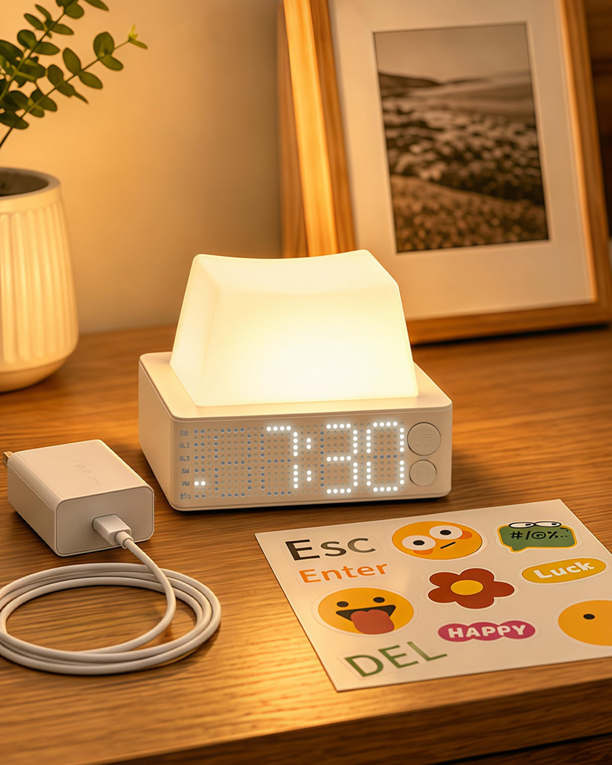 Keycap Alarm Clock with Night Light & White Noise, Digital Clock, Grey