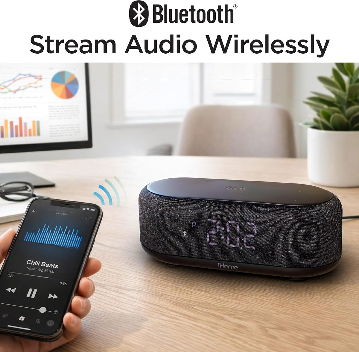 iHome Bluetooth Alarm Clock with Wireless Charger and USB Charging Station, Digital Alarm Clock for Bedrooms, Office, or Dorm (iBTW112)
