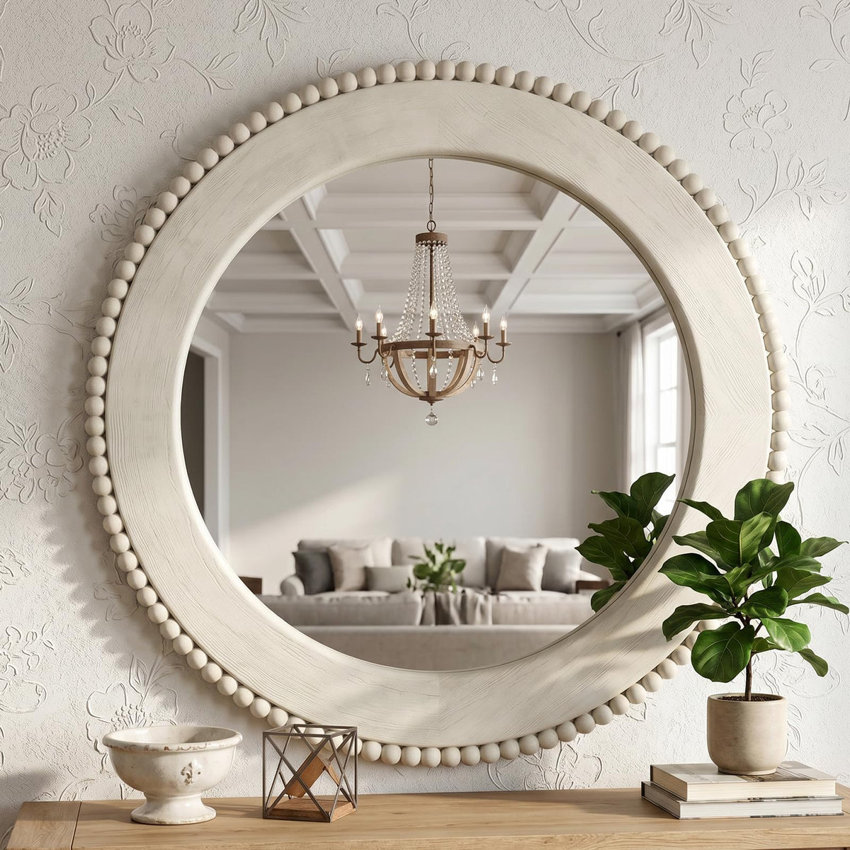 Farmhouse Round Wall Mirror Decor, 24" Circle Solid Wood Mirror Retro White
