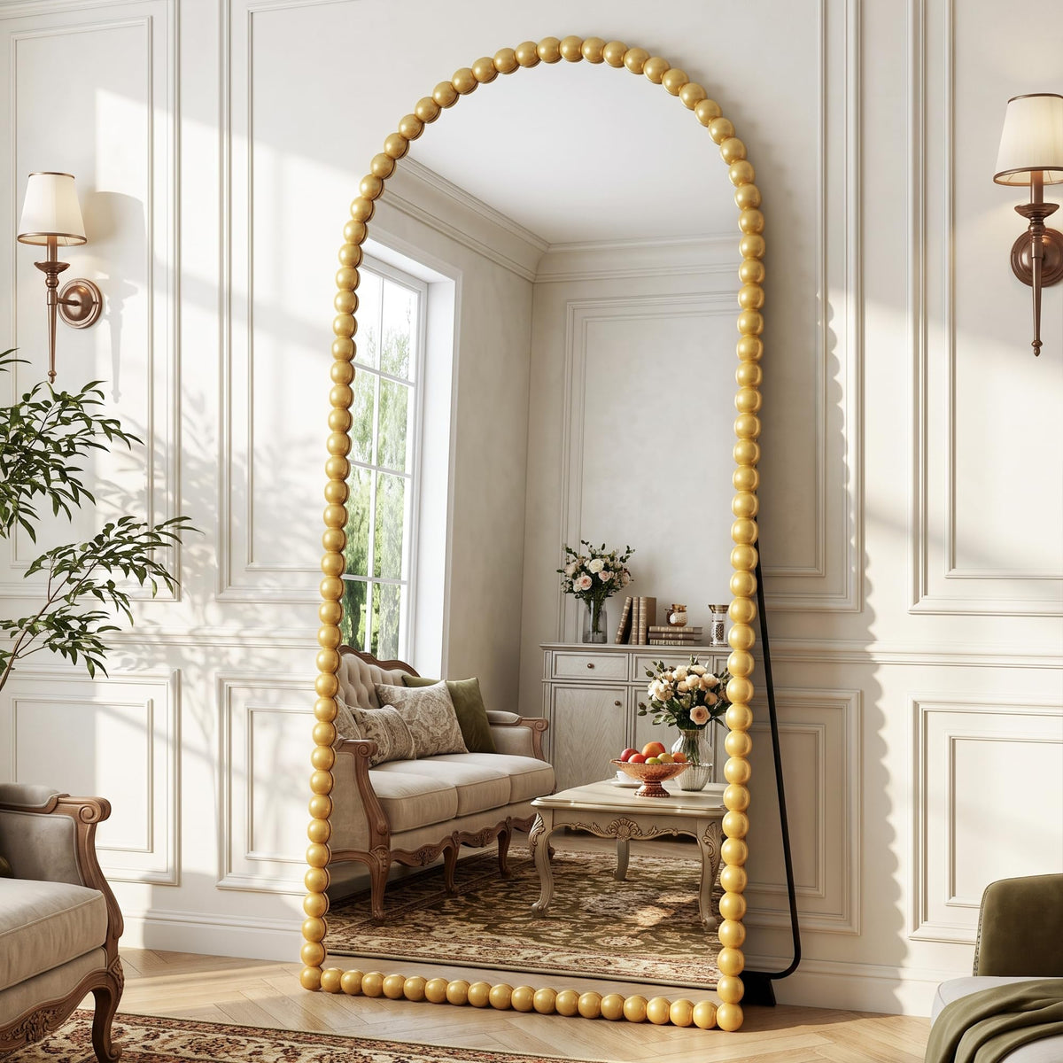 Antok 71" x 28" Arched Full Length Mirror, Antique Beaded Frame Floor Standing or Wall Mounted Mirror with Stand for Bedroom, Entryway, Bronze, Luxury Style