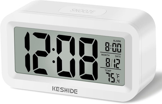 Travel Digital Alarm Clock Battery Operated with Indoor Temperature, Desk Small Clock,Snooze Model,12/24H Display for Bedrooms Heavy Sleepers Kids Travel Bathroom