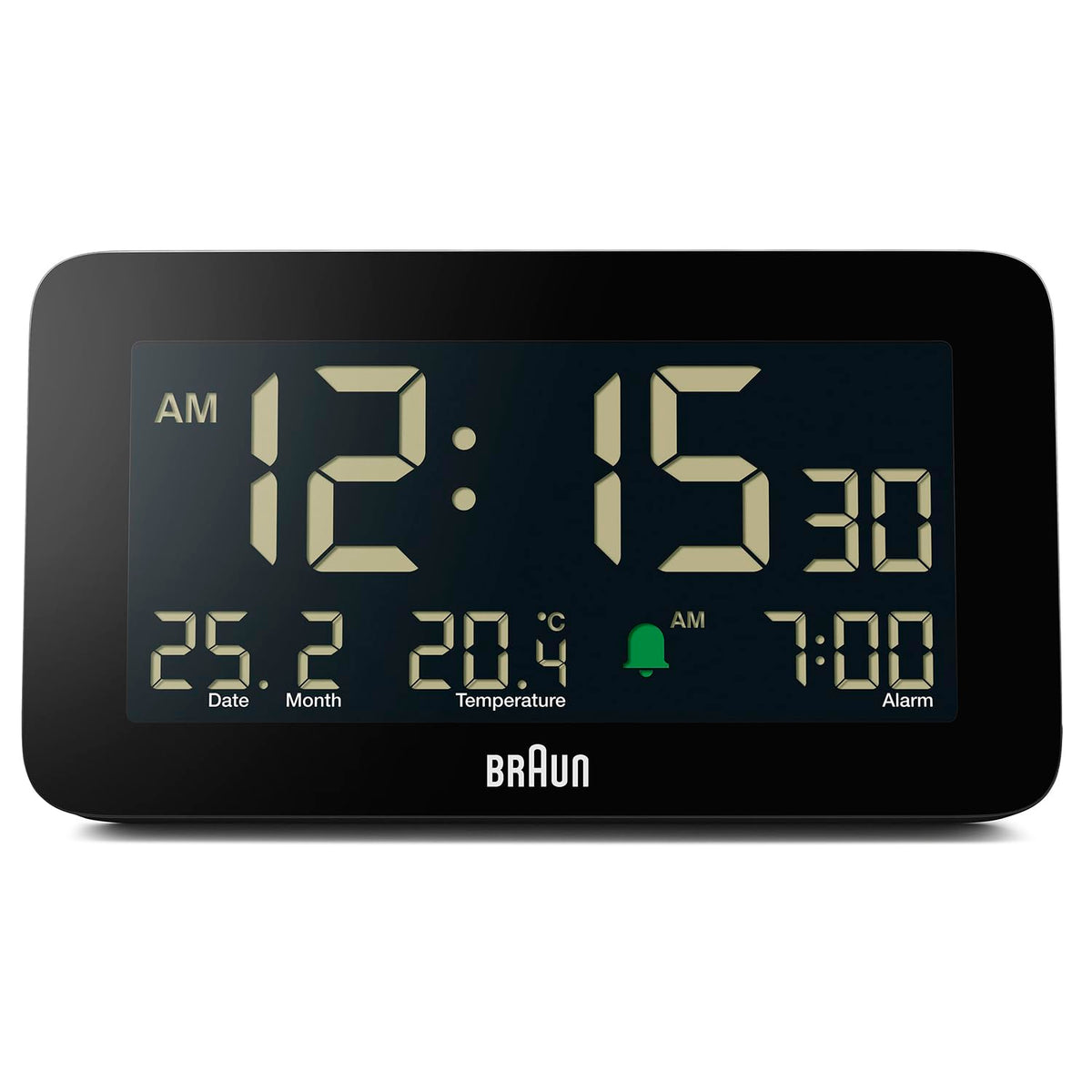 Braun Digital Alarm Clock with Date, Month and Temperature Displayed, Negative LCD Display, Quick Set, Crescendo Beep Alarm in Black, Model BC10B (1-Pack)
