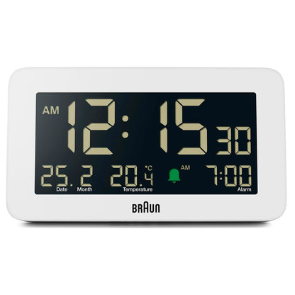 Braun Digital Alarm Clock with Date, Month and Temperature Displayed, Negative LCD Display, Quick Set, Crescendo Beep Alarm in Black, Model BC10B (1-Pack)