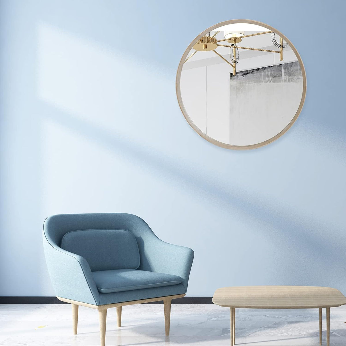30 Inch Round Wood Mirror, Wall-Mounted Circle Mirrors, Decorative Mirror