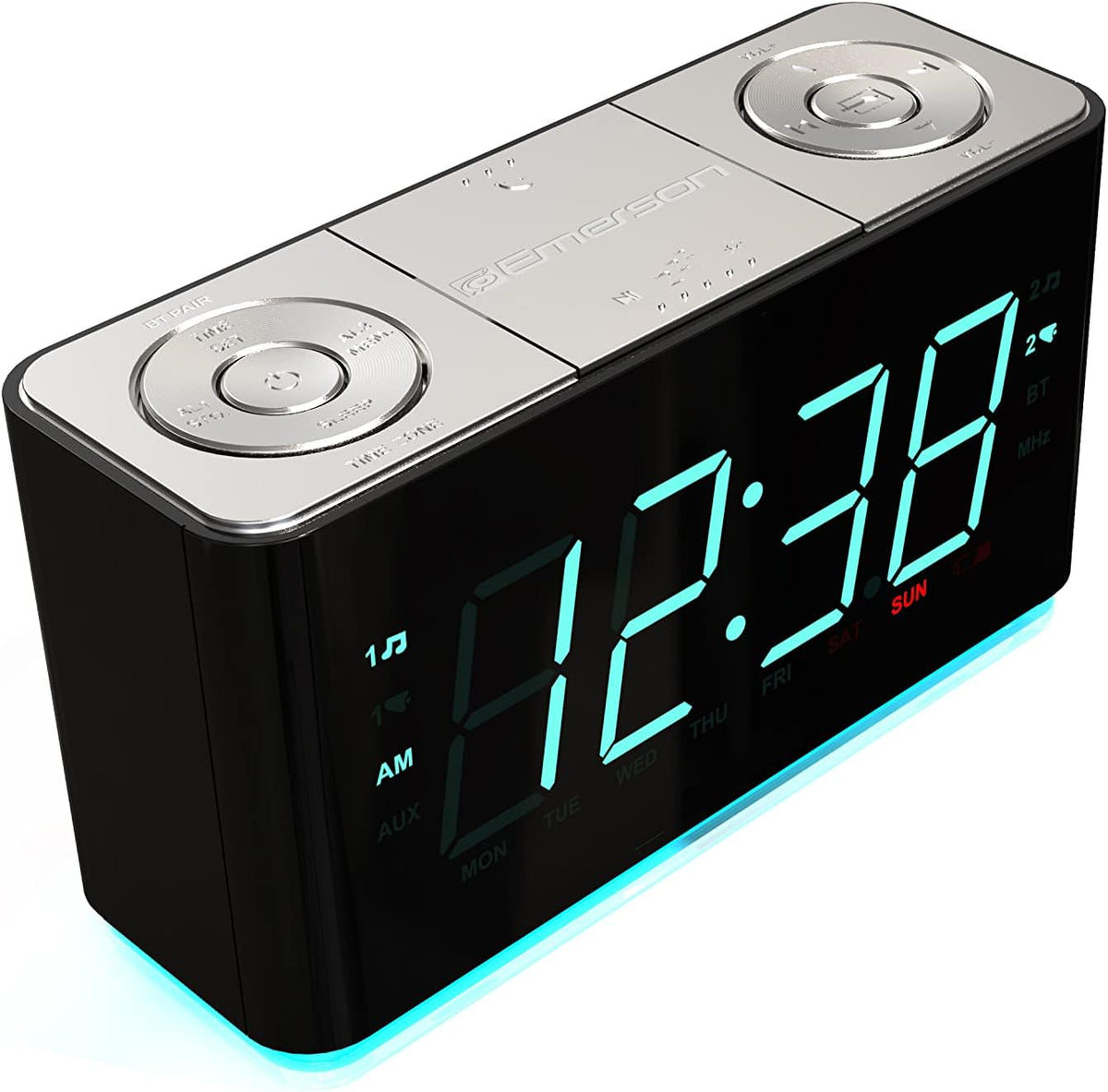 Emerson Smartset Alarm Clock Radio with Bluetooth Speaker with USB Port for iPhone/iPad/iPod/Android and Tablets, 1.4" Cyan LED Display and Night Light, ER100301