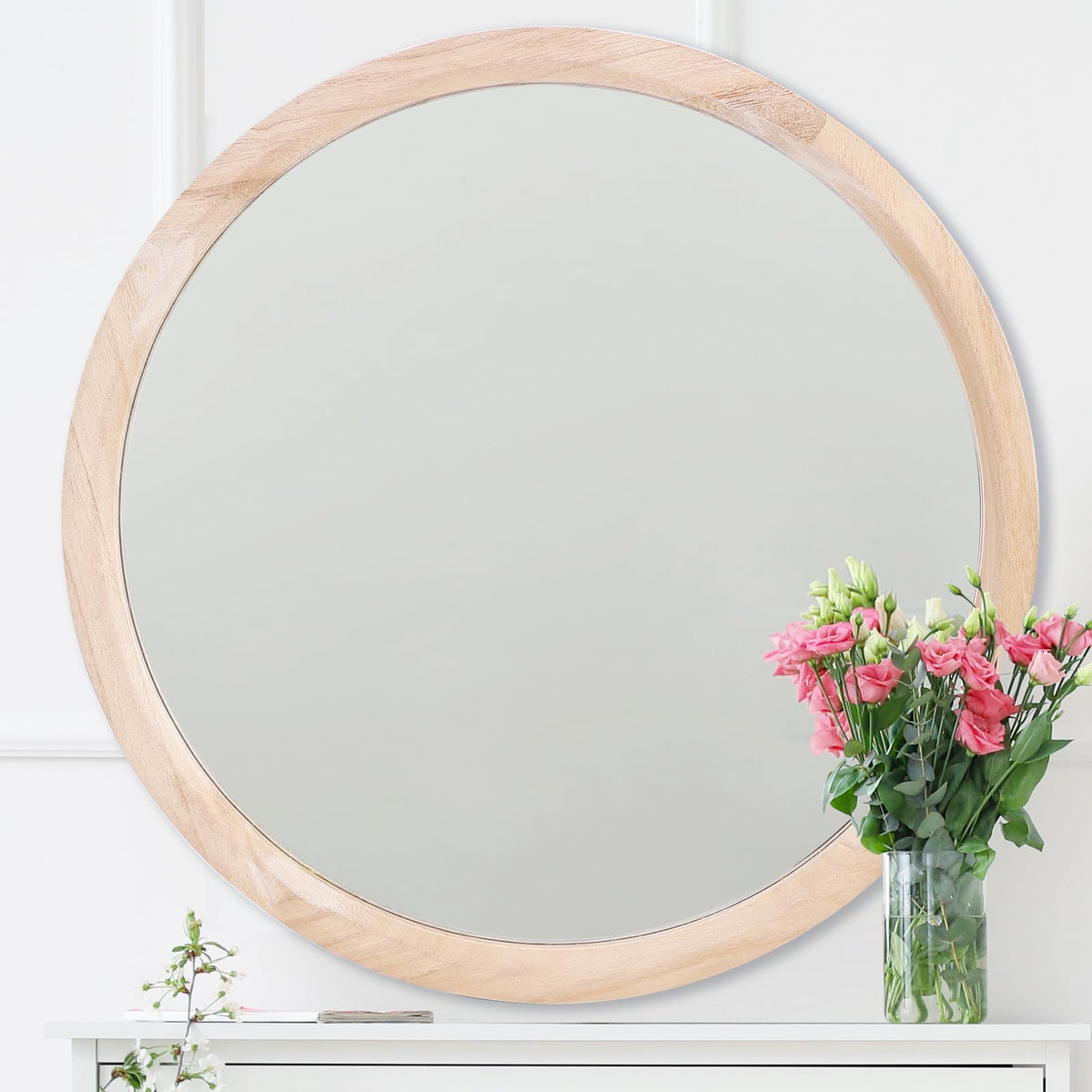 30 Inch Round Wood Mirror, Wall-Mounted Circle Mirrors, Decorative Mirror