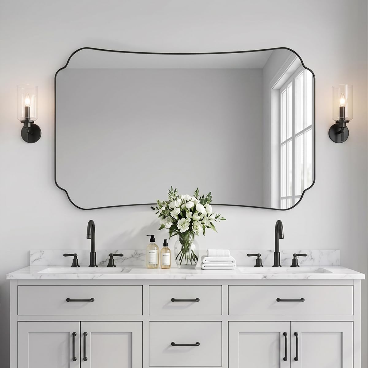 ANDY STAR 24"x36" Gold Mirror, Brushed Brass Scalloped Wall Mirror, Bathroom Wall Mirror with Stainless Steel Metal Framed Ideal for Bedroom, Hallway