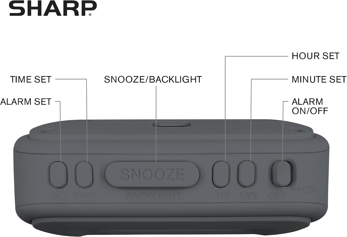 Sharp Battery Alarm Clock, Soft-Touch Case and Backlight, Charcoal Black