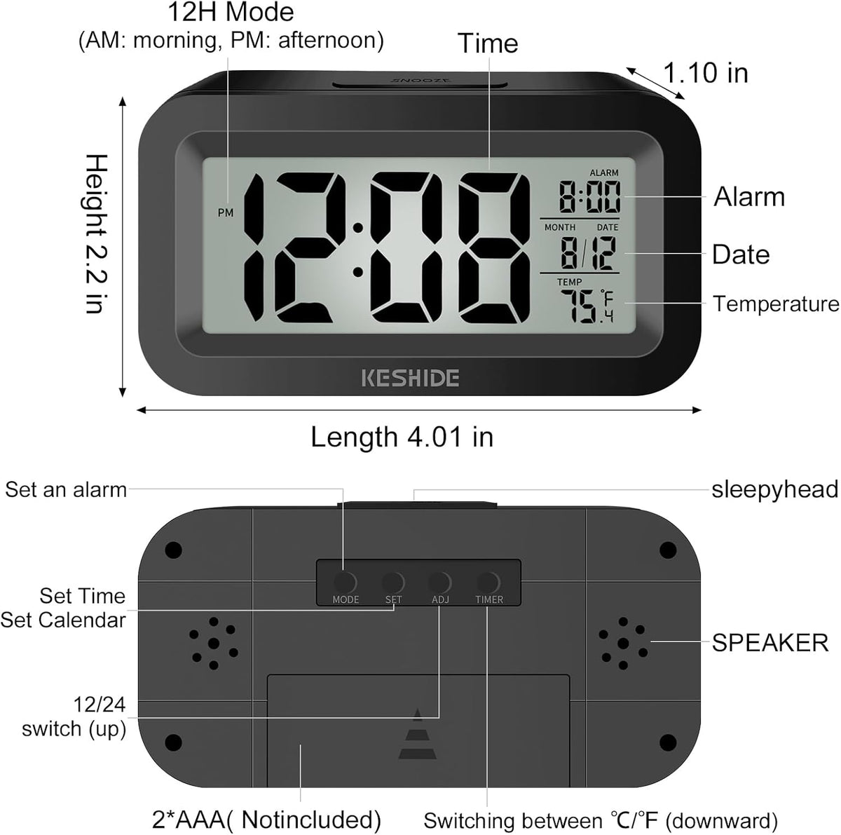 Travel Digital Alarm Clock, Battery Operated with Indoor Temperature, Desk Small Clock,Snooze Model,12/24H Display for Bedrooms Heavy Sleepers Kids Travel Bathroom (Black)