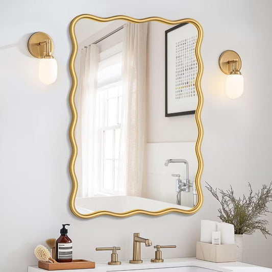PROHOMEWARE 20x28 Gold Wavy Irregular Bathroom Mirror, Wall-Mounted