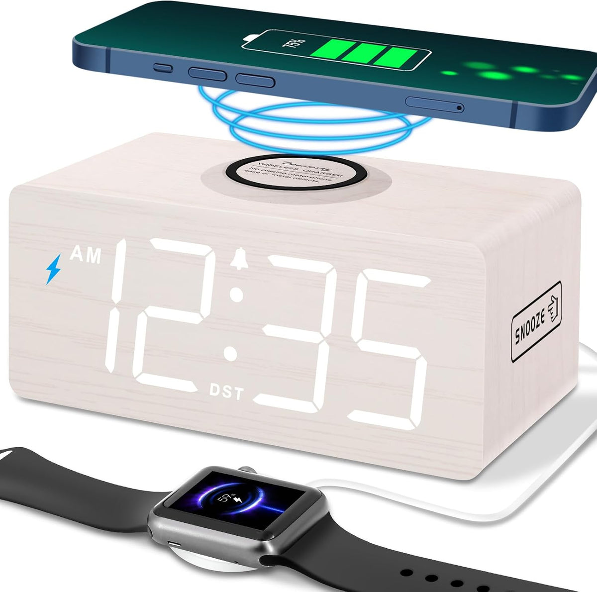 DreamSky Wooden Digital Alarm Clock with Wireless Charging for Bedroom