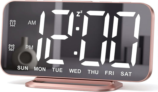 Slim LED Digital Alarm Clock, Mirror Surface for Makeup, with Diming, Large Display, Easy Setting, USB Ports, Modern Decor for Bedroom, Desk, Christmas, Birthday Idea Gift for Women, Sister, Mom, Pink