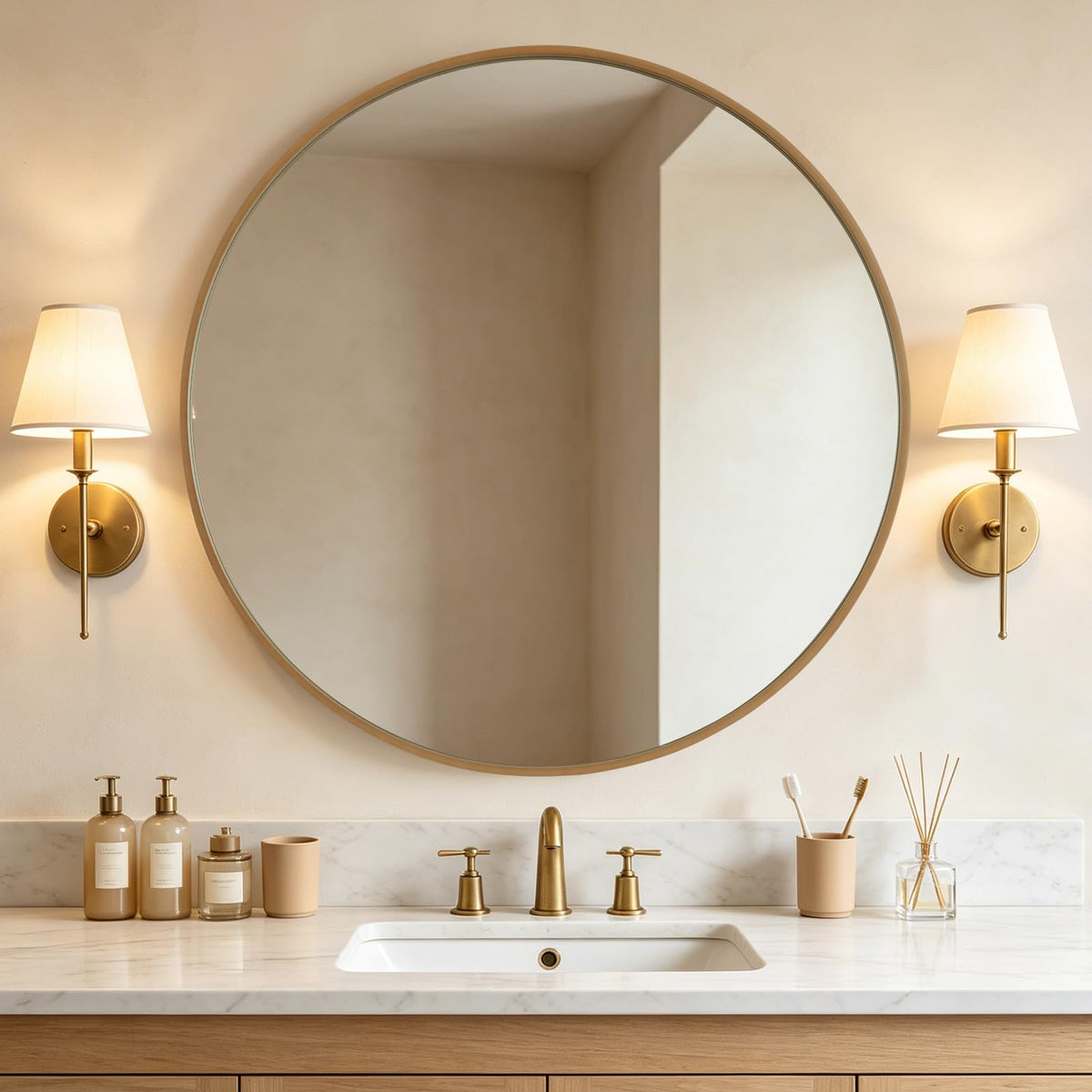 WallBeyond Round Wood Mirror 24 inch Circle Wall Mirror for Bathroom Round Wall Mirror for Wall Decor, Vanity, Entryway Living Room (Natural)
