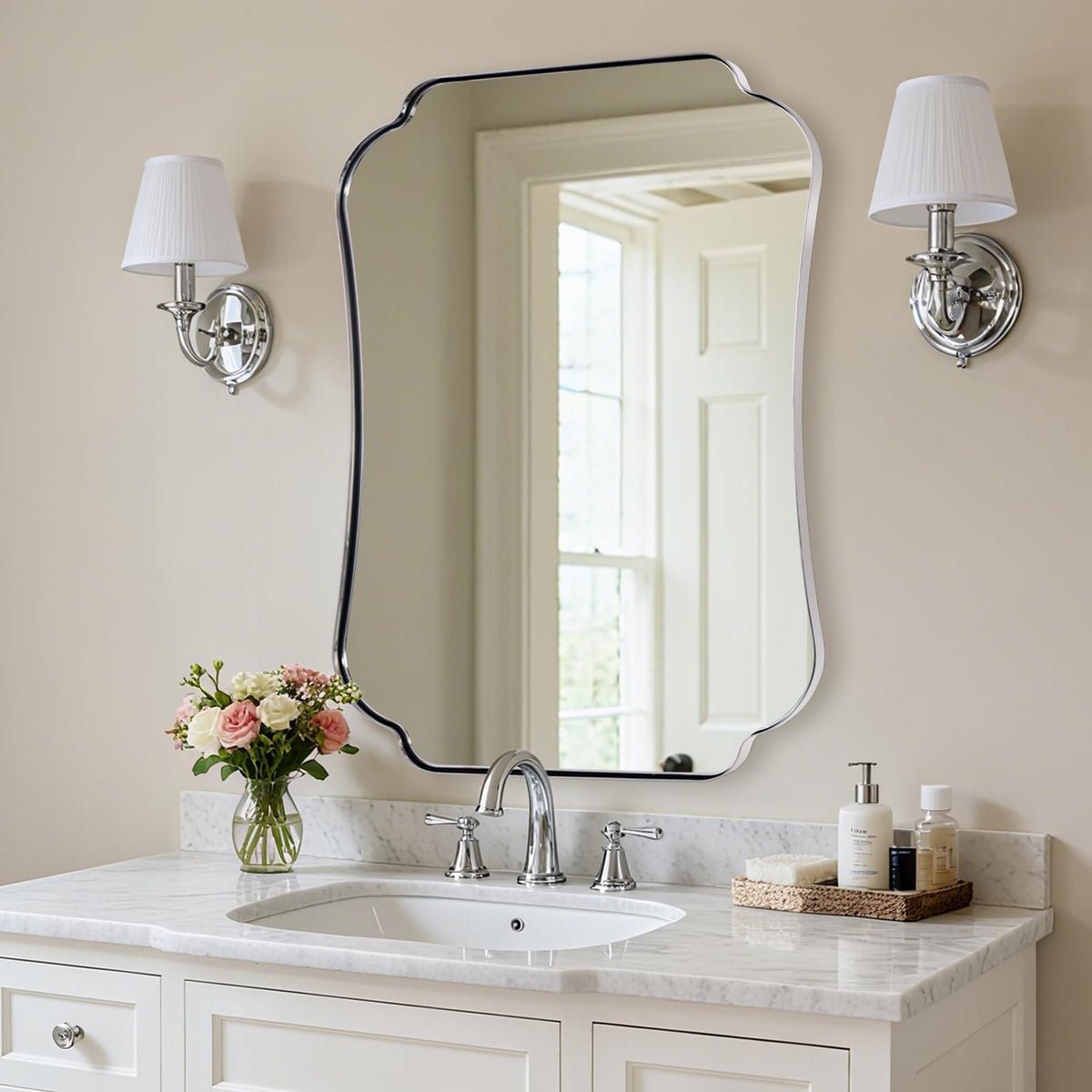 ANDY STAR 24"x40" Gold Mirror, Brushed Brass Scalloped Wall Mirror, Bathroom Wall Mirror with Stainless Steel Metal Framed Ideal for Bedroom, Hallway