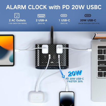 XBA Alarm Clock Charging Station, 20W USB-C, 2 AC Outlets