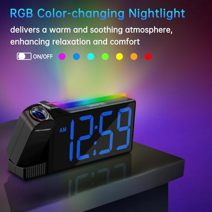 Peakeep Projection Alarm Clock for Bedroom Ceiling with Colorful Nightlight