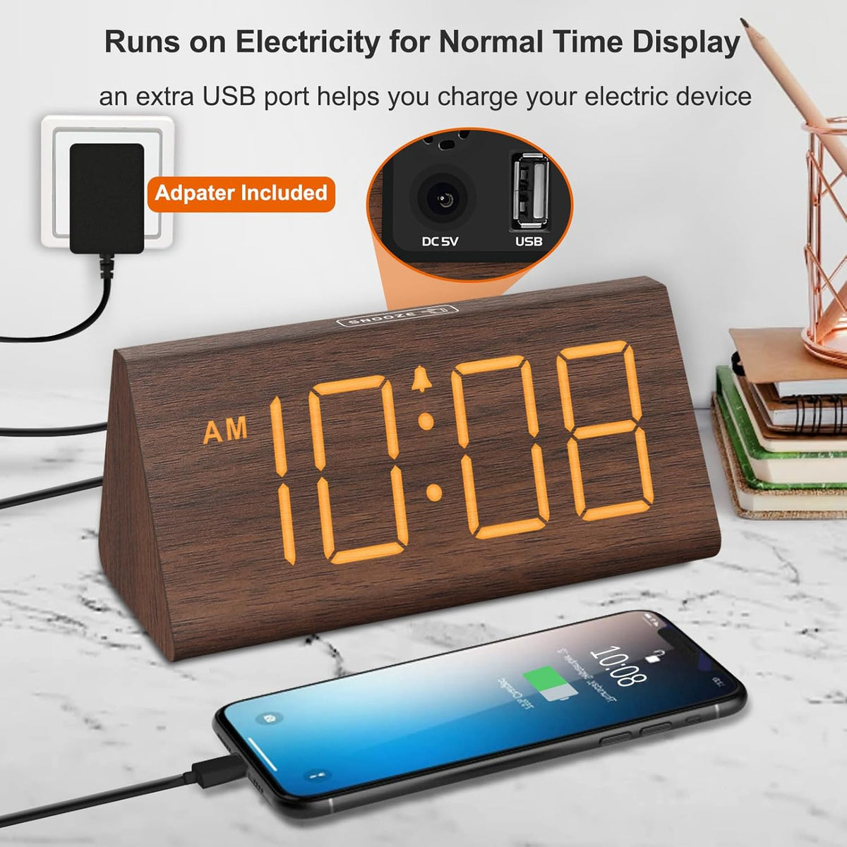 DreamSky Wooden Digital Alarm Clock for Bedrooms Desk with Large Numbers