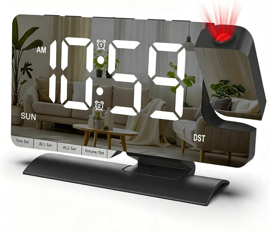Projection Clock for Bedroom Ceiling, Black LED Mirror Digital Alarm Clock