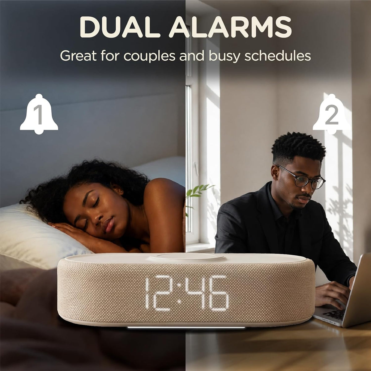 Fabric Digital Alarm Clock for Bedroom, Wireless Charging, Beige