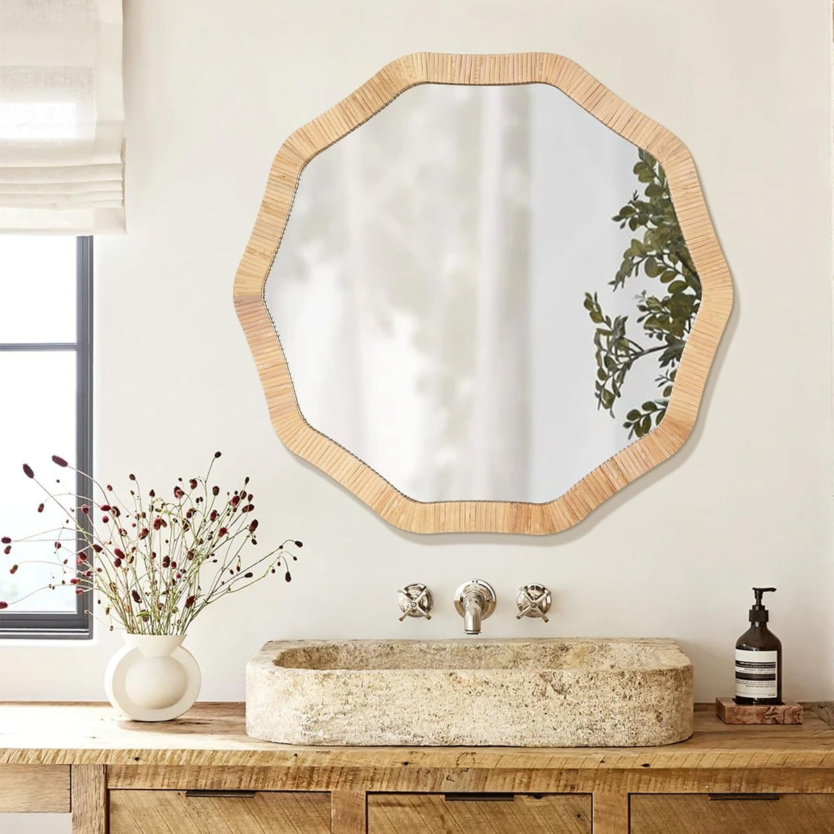 ULIKE Rattan Wicker Bathroom Wall Mirror, 24 Inch Boho