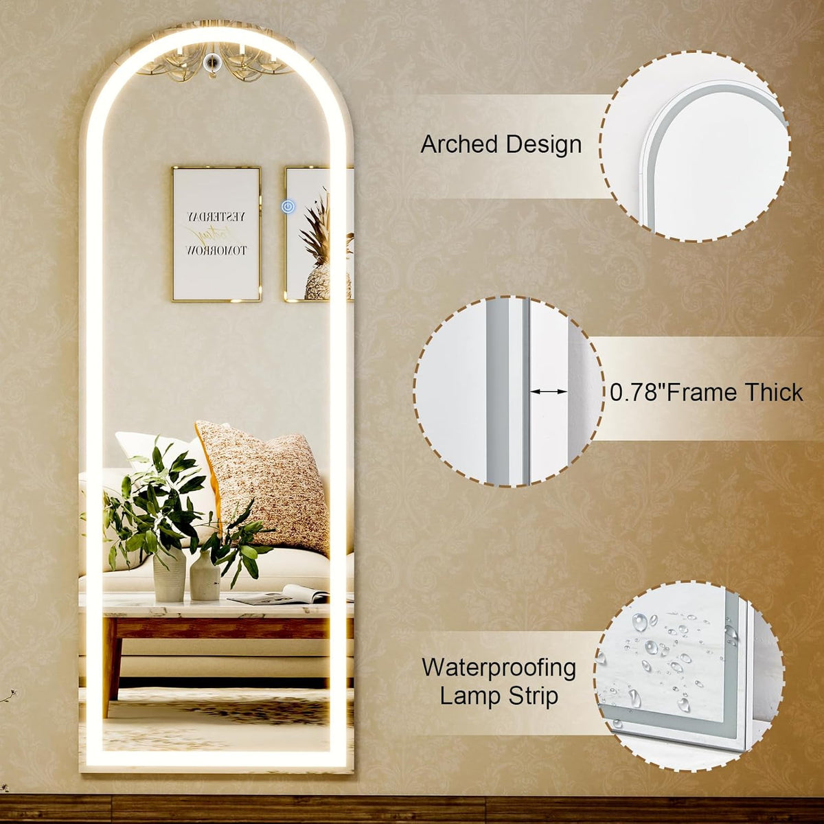 GLSLAND 20"x56" Arched Full Length Mirror LED Lighted Floor Standing Mirror
