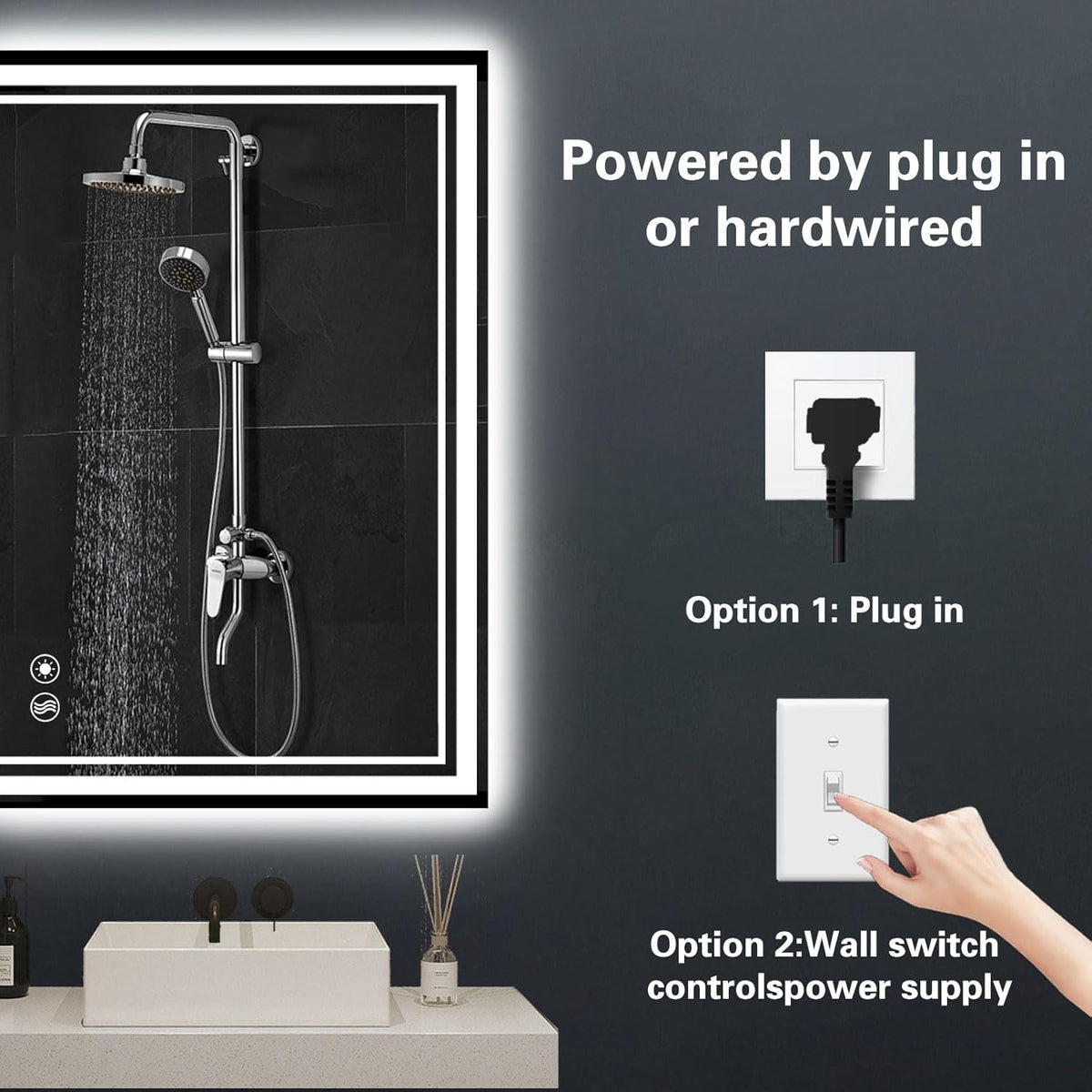 24" x 36" Bathroom Mirror with LED Lights, Anti-Fog, Dimmable 3 Colors