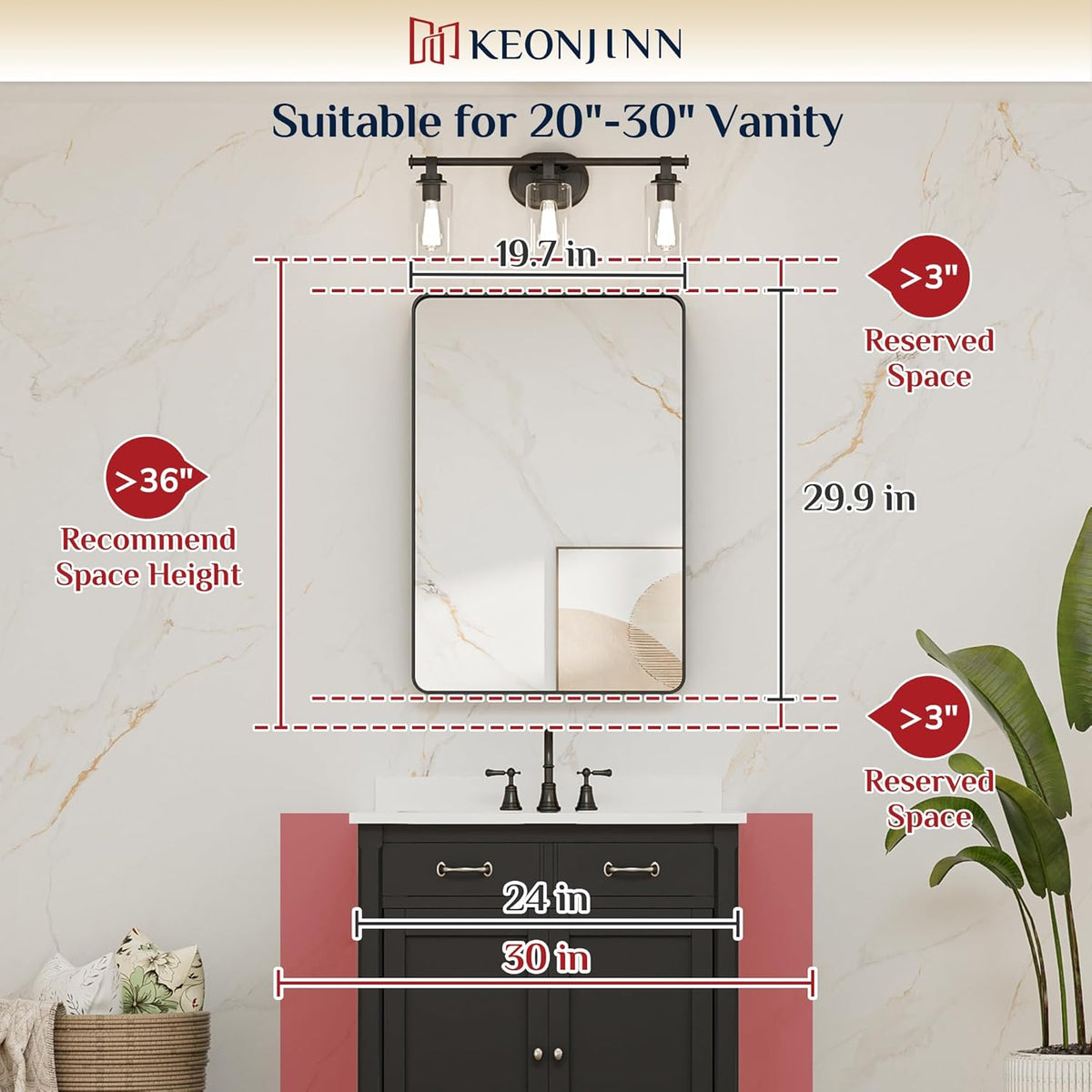 Keonjinn 20 x 30 Inch Brushed Nickel Bathroom Mirrors for Over Sink