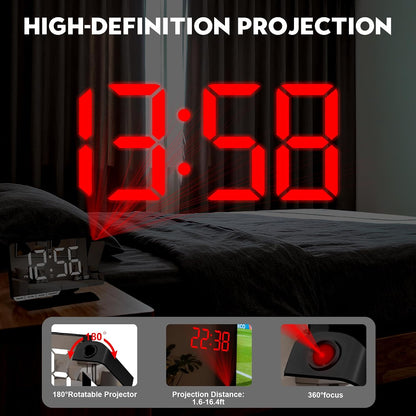 SZELAM Digital Clock,Alarm Clock Bedside with Projection,7.3" Mirror Clock with 180°Rotating Projector,Dual Alarm with 3 Mode,Brightnee Adjust,DST,Snooze,Charging Port,5 Levels Volume for Desk Teens