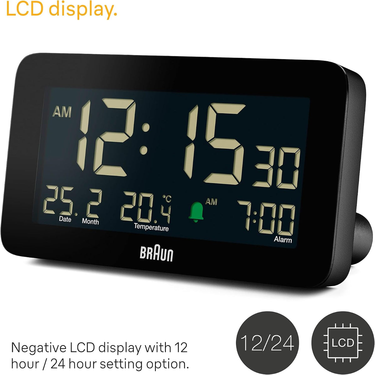 Braun Digital Alarm Clock with Date, Month and Temperature Displayed, Negative LCD Display, Quick Set, Crescendo Beep Alarm in Black, Model BC10B (1-Pack)