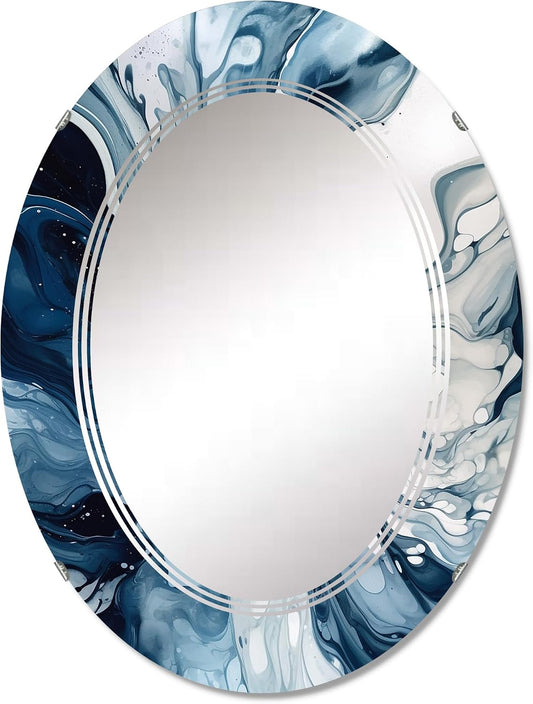 DesignQ Abstract wall mirror, Oval Modern mirror, Round Blue bathroom mirror, Abstract vanity mirror Ethereal Elixir Blue Grey Abstraction IX printed mirror decor, oval mirror 20x30