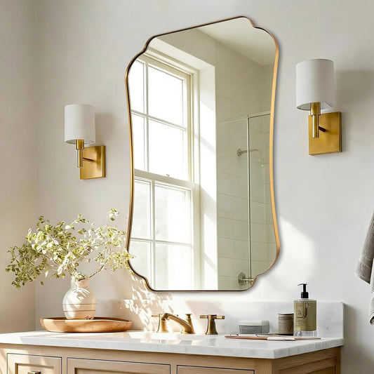 ANDY STAR 24"x36" Gold Mirror, Brushed Brass Scalloped Wall Mirror, Bathroom Wall Mirror with Stainless Steel Metal Framed Ideal for Bedroom, Hallway