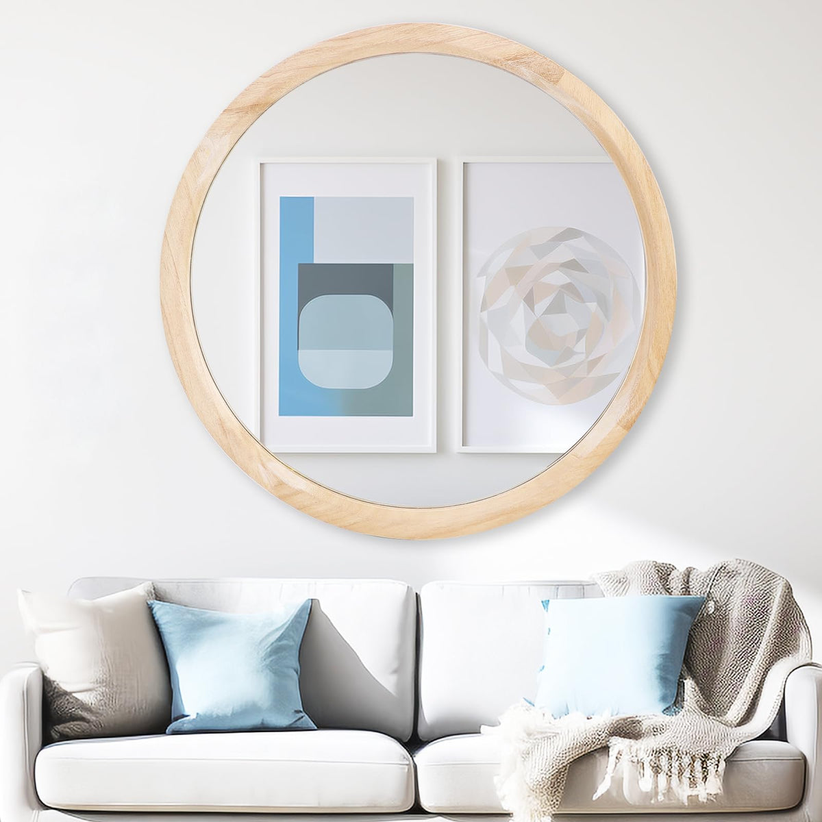 30 Inch Round Wood Mirror, Wall-Mounted Circle Mirrors, Decorative Mirror