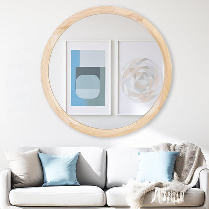 30 Inch Round Wood Mirror, Wall-Mounted Circle Mirrors, Decorative Mirror
