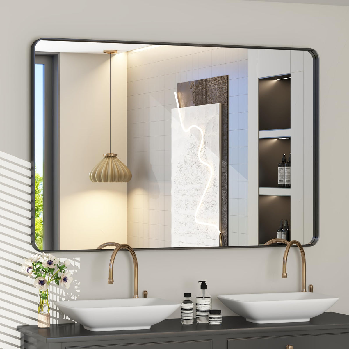 24x30 Inch Black Metal Framed Bathroom Mirror for Wall