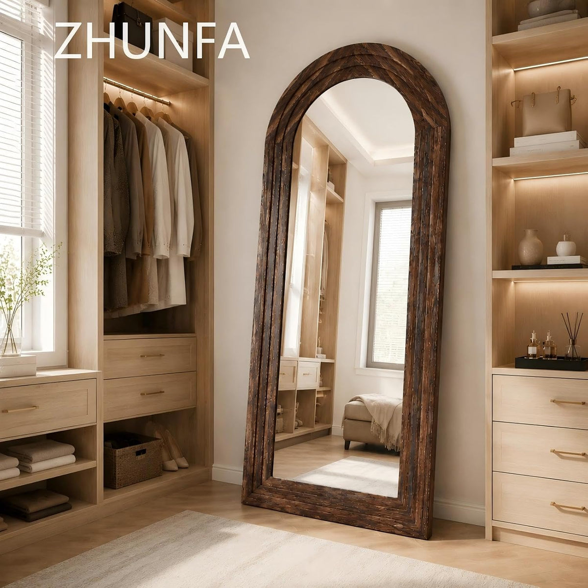 ZHUNFA Arched Full Length Mirror with Solid Wood Frame, 65x22, Brown