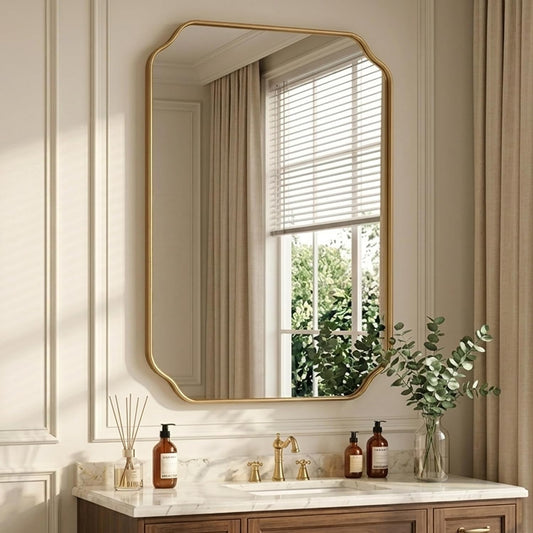 30"x22" Gold Wall Bathroom Mirror, Scalloped Edge Vanity Mirror