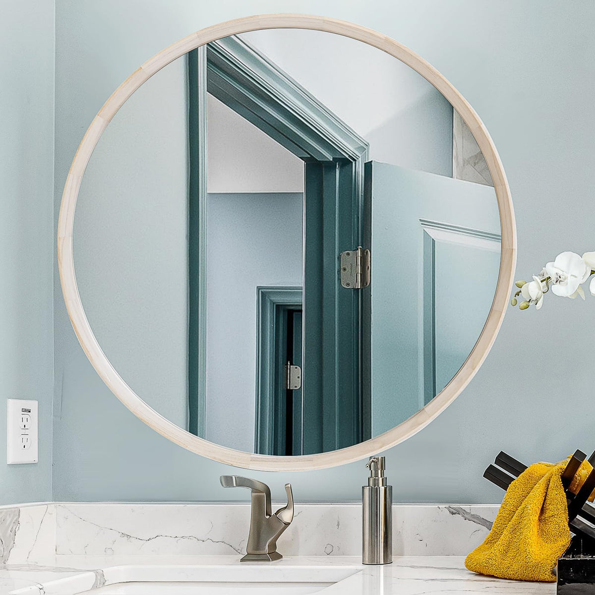 30 Inch Round Wood Mirror, Wall-Mounted Circle Mirrors, Decorative Mirror